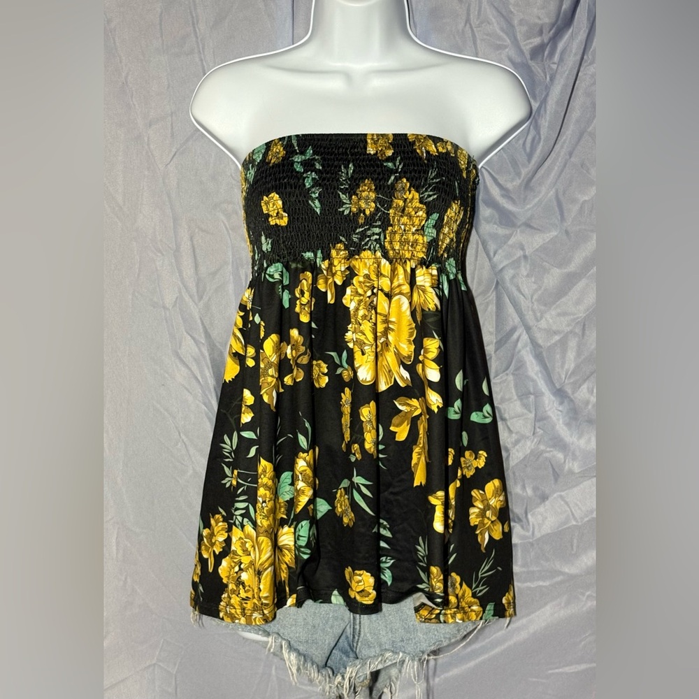 Floral Strapless Top - Black and Yellow